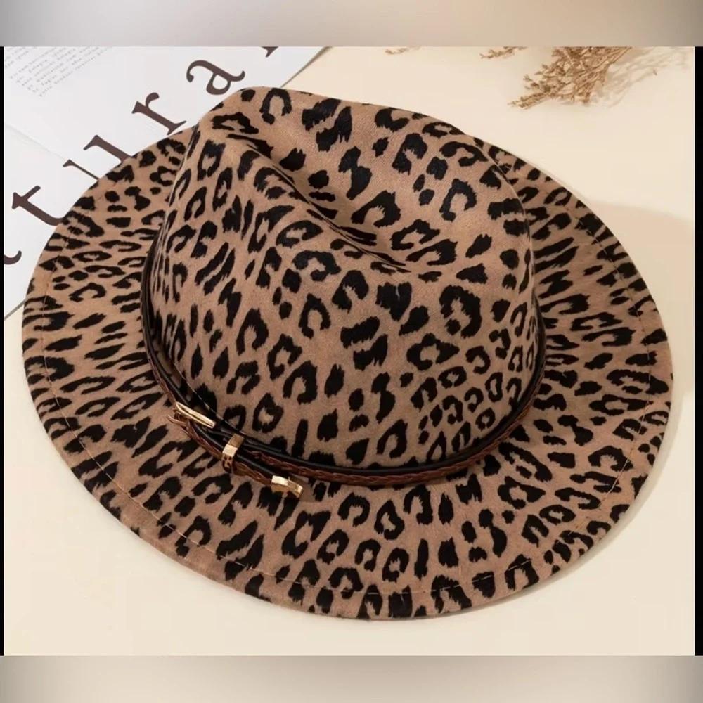 Leopard Print Wide-Brim Fedora Hat - Brown - Picture 3 of 6